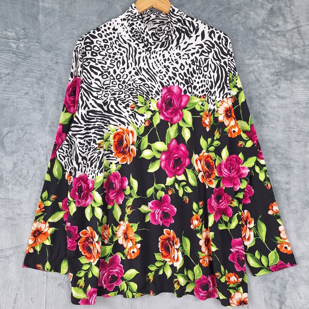 Susan Graver Top 3X Liquid Knit Floral Animal‎ Print Cowl Neck Tunic Boho Artsy